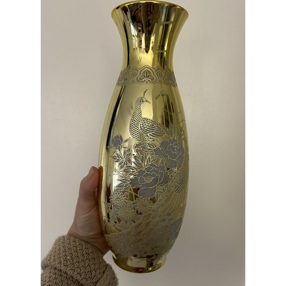 Vintage Gold Japanese Peacocks Floral Motif  Vase Hollywood Regency 11” - Picture 1 of 10